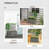 Fioriera con Grigliato per Rampicanti con 3 Vasi in Acciaio e Rattan PE, 84x30x107cm, Grigio