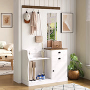 Set mobili da ingresso con specchio, 2 cassetti, anta, ganci e portaombrelli in pannello truciolare bianco