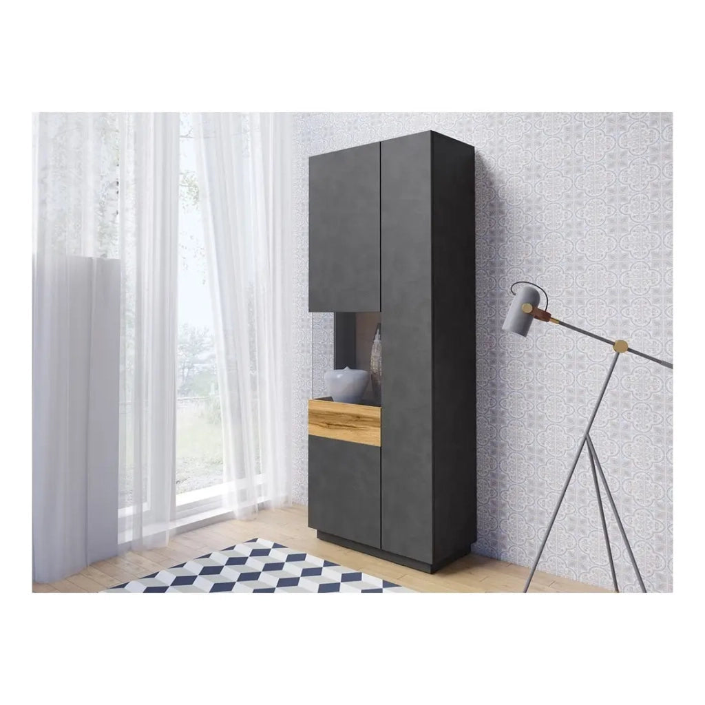 Vetrina, libreria, credenza KILES colore grigio antracite e quercia. Modello vetrina sinistra. LED integrato.