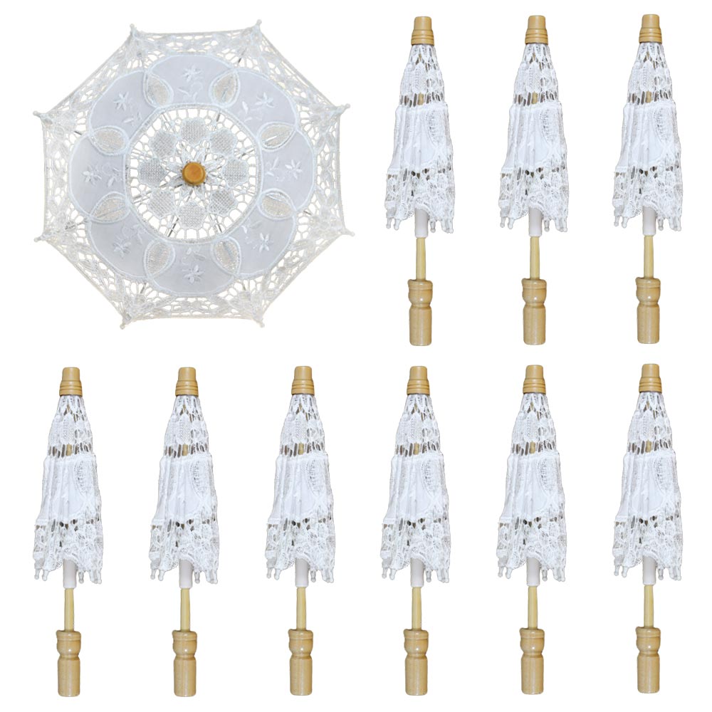 Ombrellini Wedding in legno con tessuto ricamato in pizzo colore bianco x 10