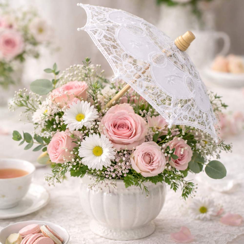 Ombrellini Wedding in legno con tessuto ricamato in pizzo colore bianco x 10