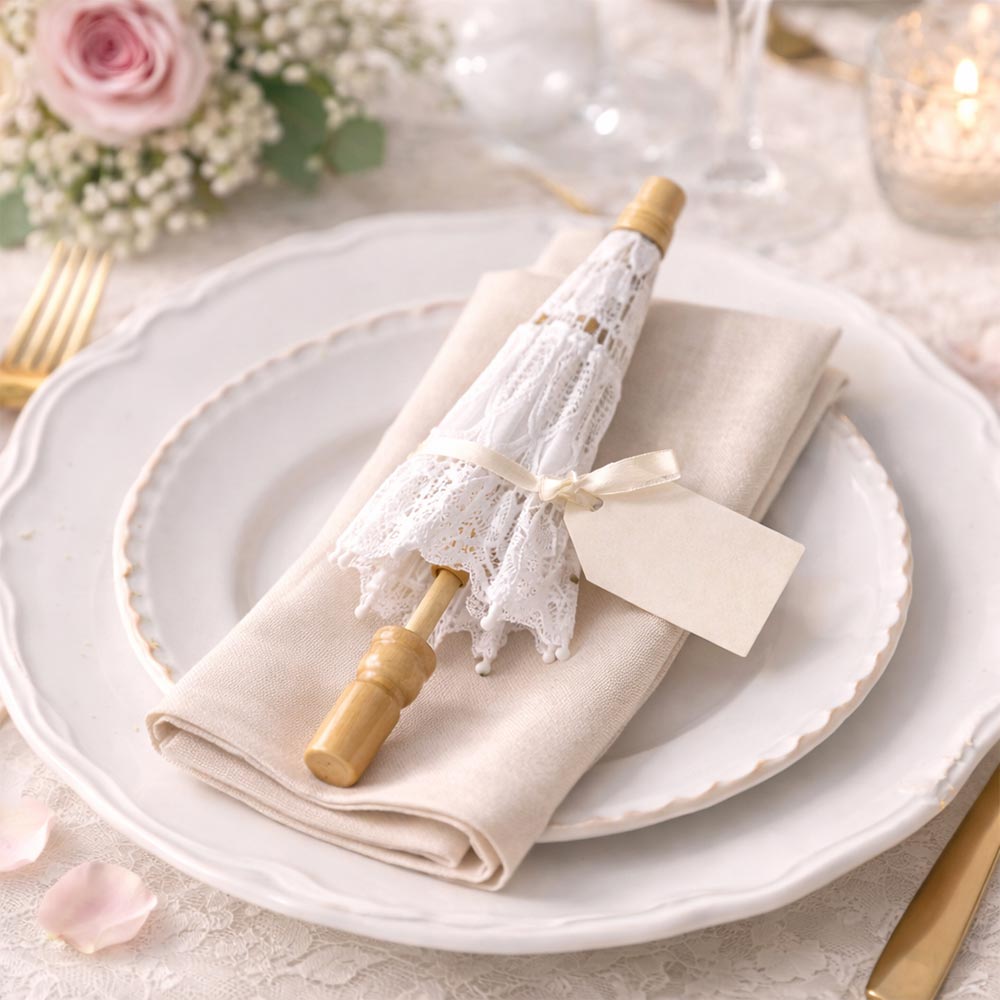 Ombrellini Wedding in legno con tessuto ricamato in pizzo colore bianco x 10