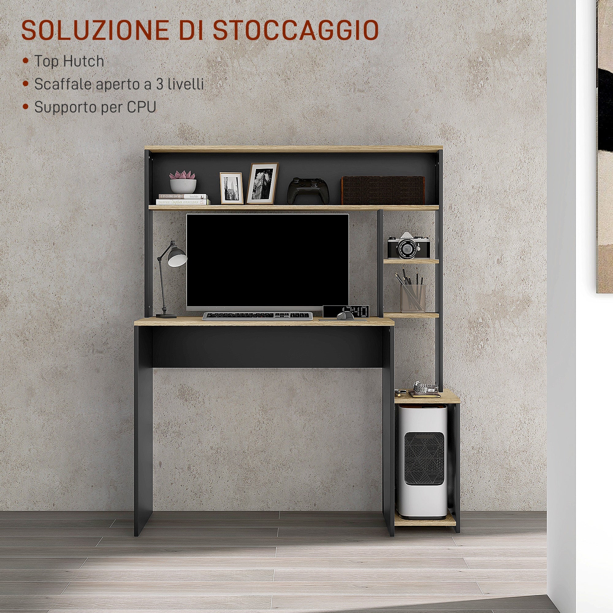 Scrivania Moderna con Ripiani e Supporto per CPU 114x45x138 cm in Legno Grigio e Legno Naturale