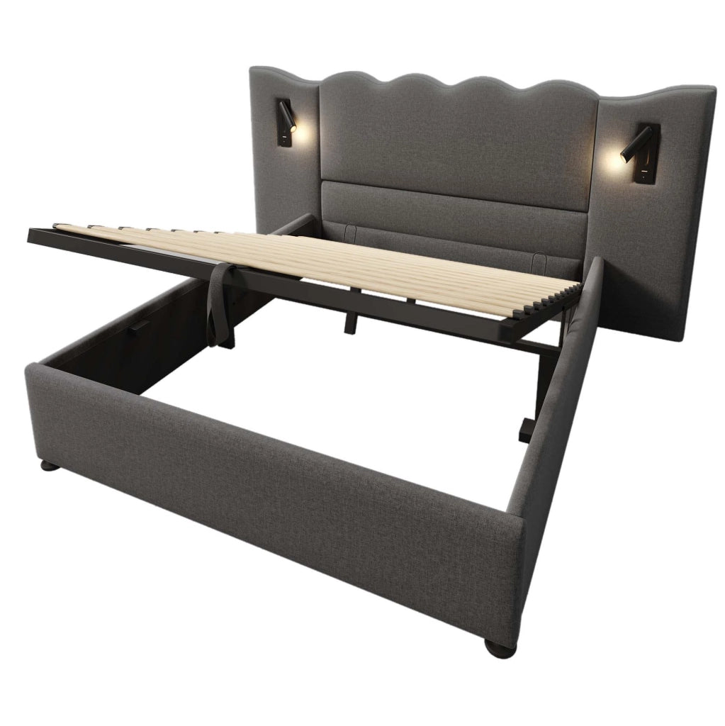 Letto matrimoniale 160x200 cm con contenitore; luce da lettura e porte USB Type-C; grigio