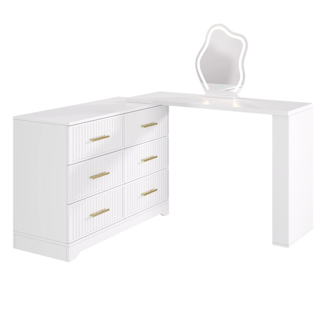 Toeletta girevole con specchio LED, design a L, bianco e oro, 110¡Á40¡Á129 cm