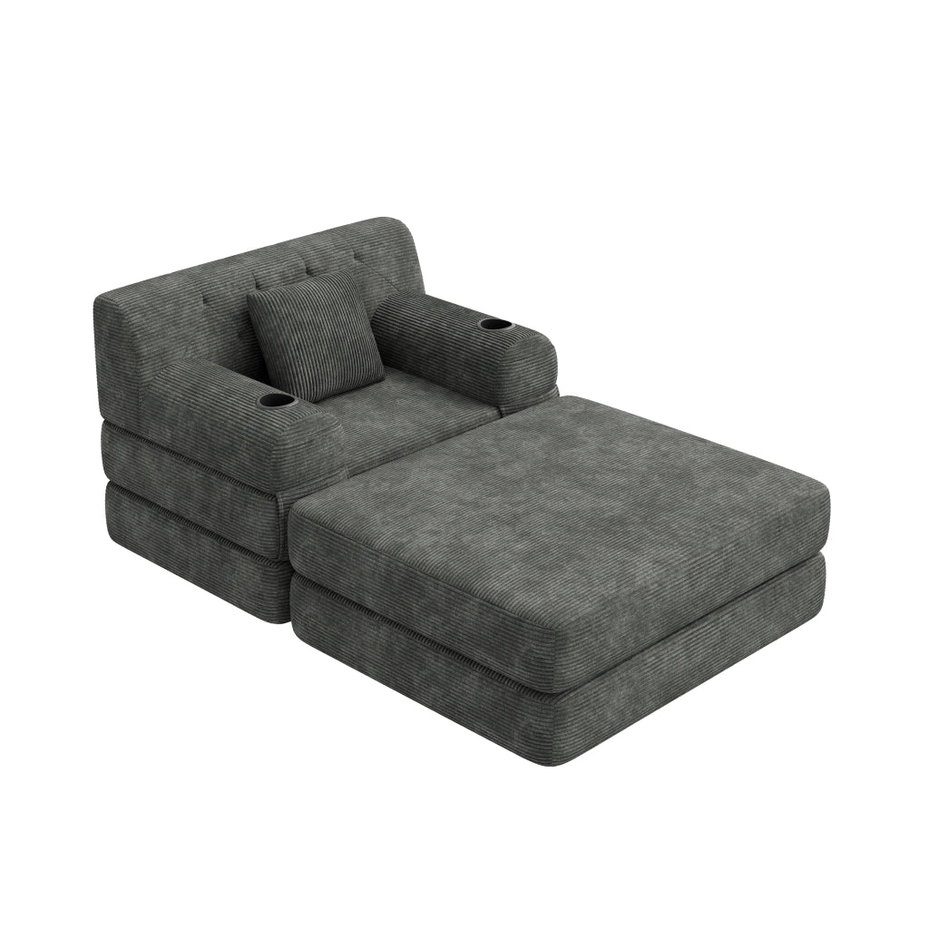 Divano letto 1 posto - con funzione letto; tasche laterali e portabevande - in velluto a coste grigio scuro