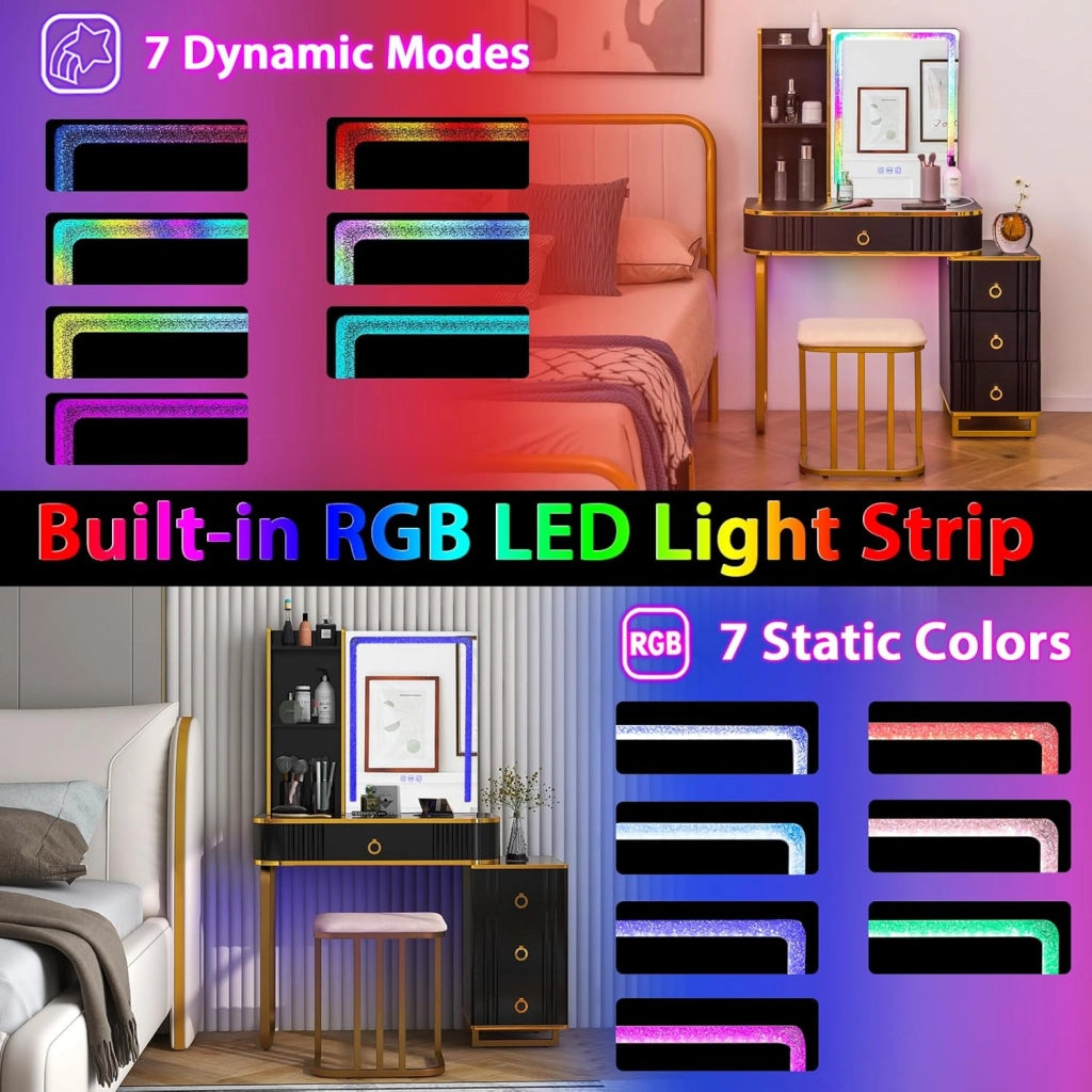 Tavolo da toeletta con sgabello, tavolo cosmetico con specchio, striscia LED RGB, bordo specchio diamantato, 7 modalità LED statiche e 7 dinamiche, tavolo da toeletta con stazione di ricarica