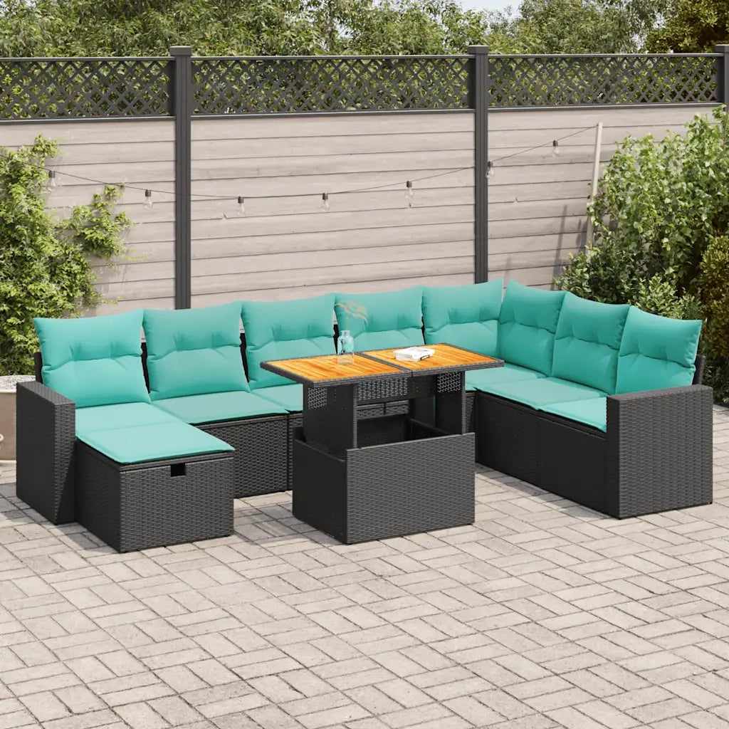 Set Divani da Giardino 9 pz con Cuscini Nero Polyrattan Acacia 3328016