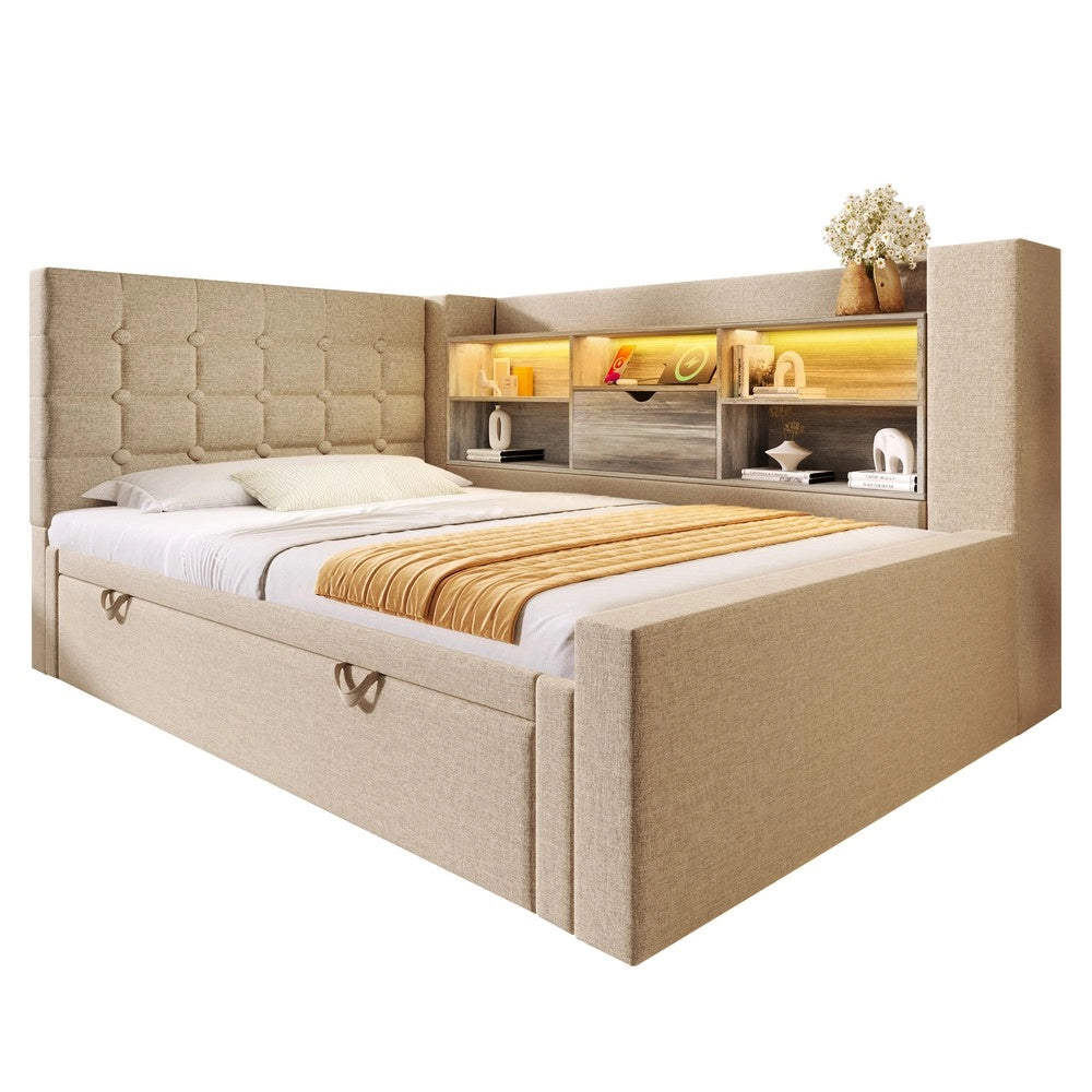 Letto Imbottito Singolo con Letto Estraibile, LED e Testiera Contenitore ¨C MINIMAL ¨C Lino Beige 90x200