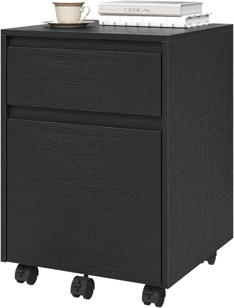 Cassettiera Scrivania con 2 Cassetti, Schedario con Rotelle, Schedario da Ufficio A4, in Legno PB Nero, 40x40x56cm
