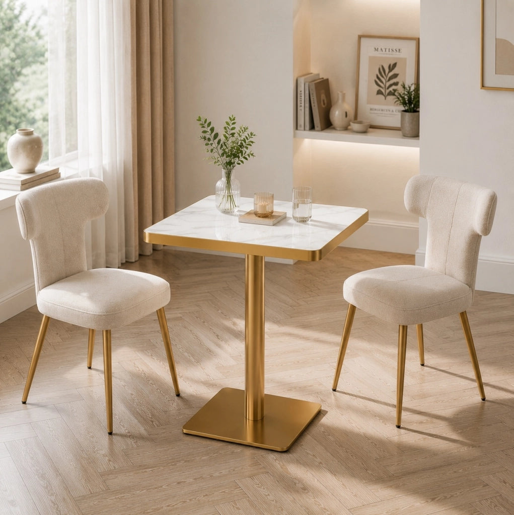 Tavolo quadrato da pranzo 60x60 cm con effetto marmo; struttura in metallo; bianco