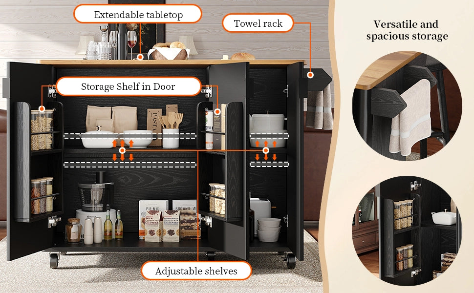 Carrello da Cucina Allungabile ¨C MINIMAL ¨C Bianco/Nero, 130x45x92 cm, 3 Ante, Ruote