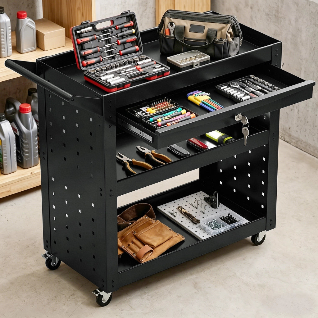 Carrello utensili 3 livelli con cassetto e pannello forato ¨C zephmum ¨C Nero