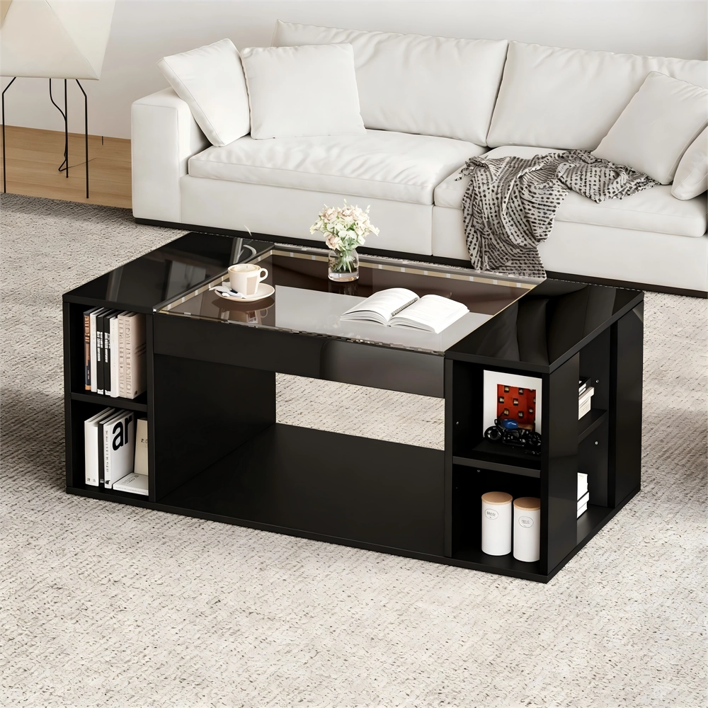 Tavolino da Caff¨¨ con Piano in Vetro Temperato e LED ¨C MINIMAL ¨C Nero, MDF, 100x50x40