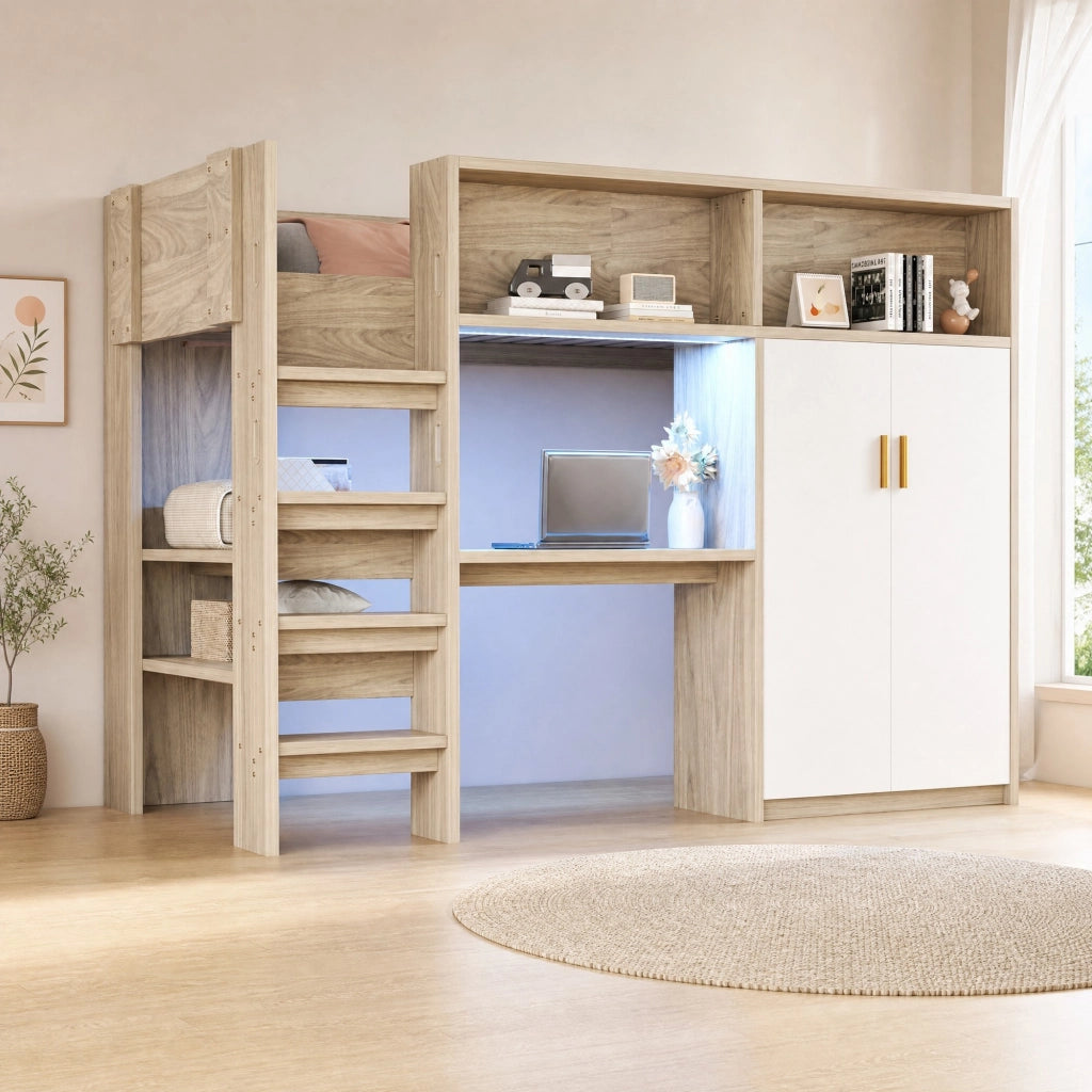 DESMIU Letto a soppalco 1 posto con scrivania, armadio, scaffali e LED regolabile 90 × 200 cm, senza materasso
