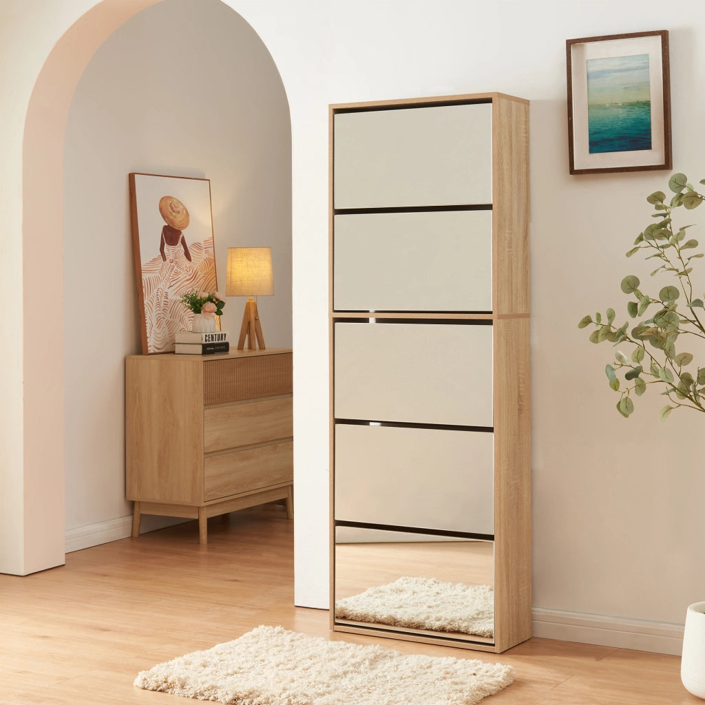 Scarpiera Stretta Lund con Ante a Specchio e 5 Contenitori Ribaltabili - Effetto Rovere Sonoma [en.casa]