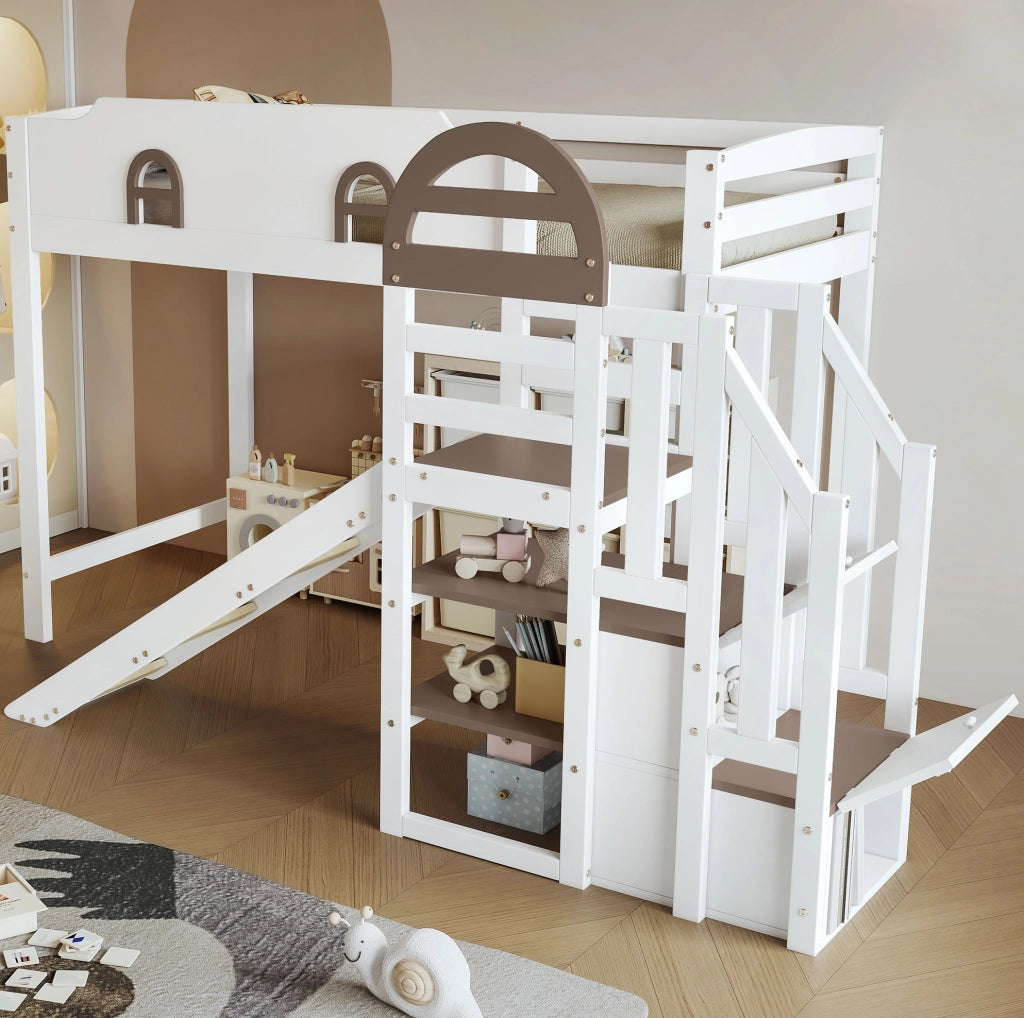 Letto a castello 90x200 cm con scivolo, scala contenitore e finestre, bianco