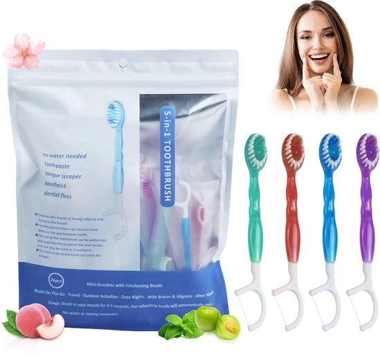 Kit di igiene orale 5 in 1 - Spazzola da denti da getto - Spazzola da denti per viaggio - Capsula per pasta da denti - Aria fresca - Design compattibile - Cura della bocca