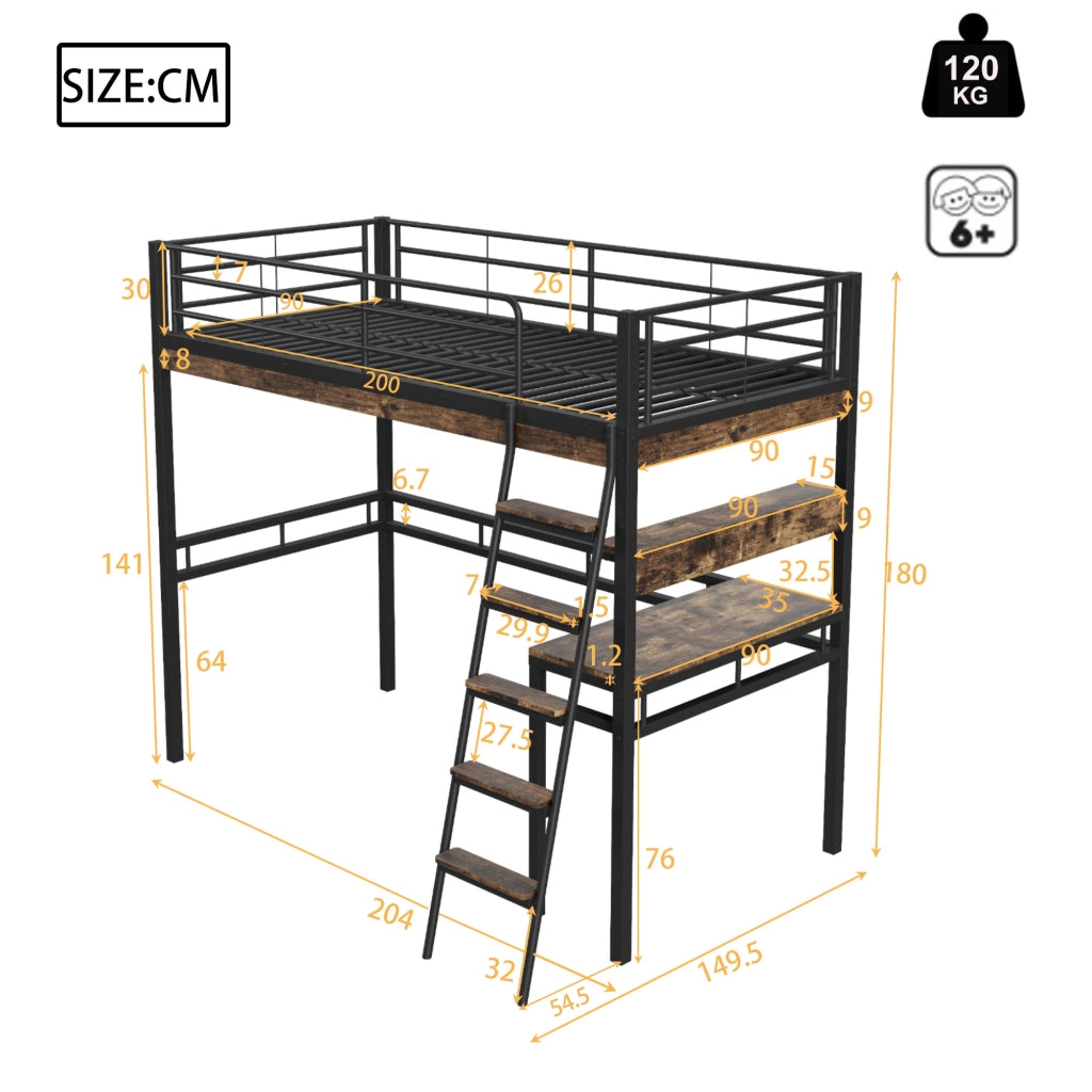 Letto a castello nero con scrivania e scaffali in metallo e mdf 90x200 cm