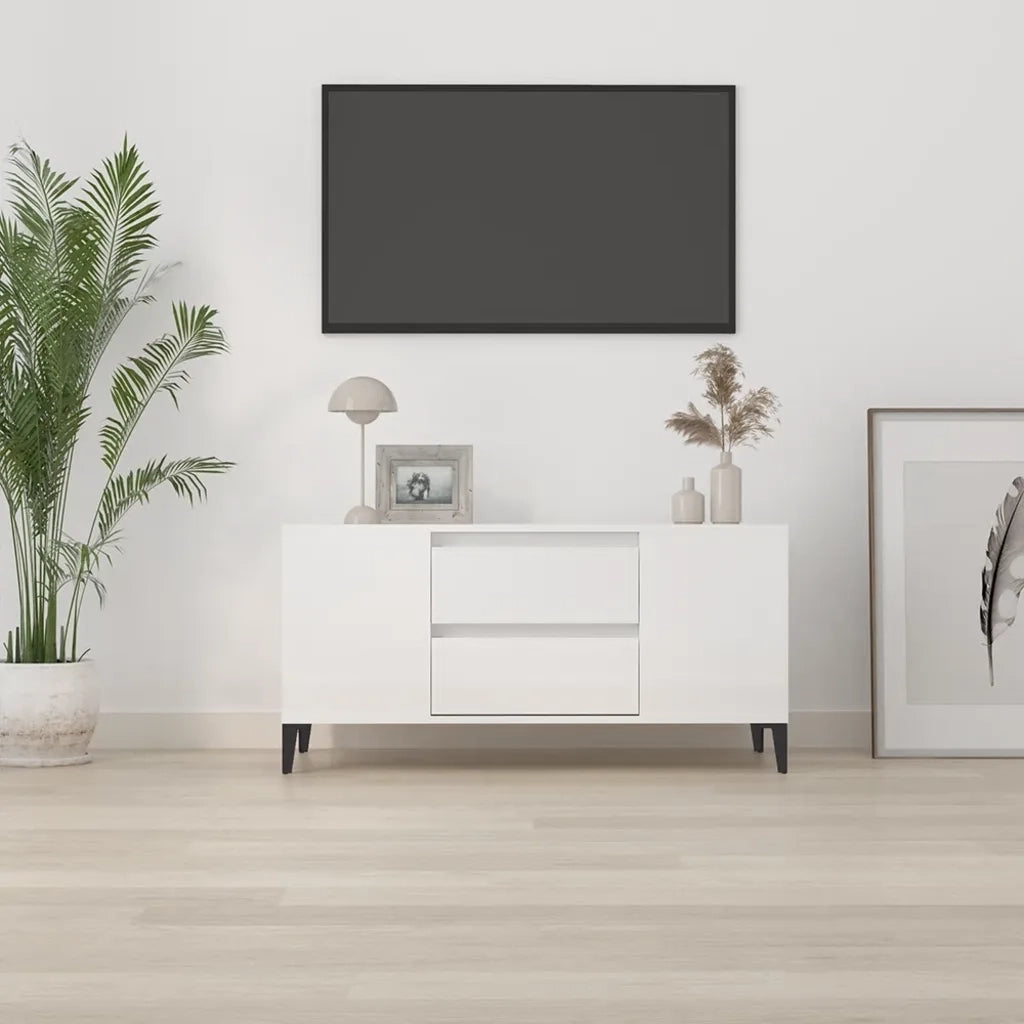 Mobile Porta TV Bianco Lucido 102x44,5x50 cm Legno Multistrato 819606