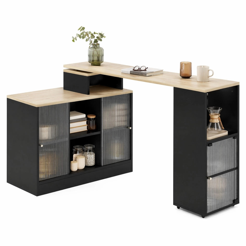 Tavolo bar allungabile con contenitore; mobile con ruote girevoli; MDF e vetro; nero