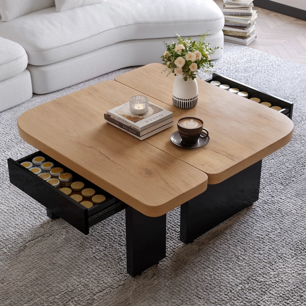 Tavolini da Salotto Impilabili con 2 Cassetti; LED e Piedini Regolabili; Stile Moderno; in MDF; Naturale e Nero