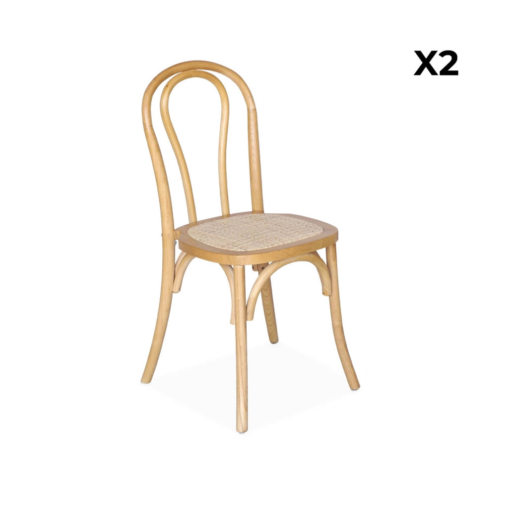 Set 2 sedie vintage in legno e rattan, marrone naturale