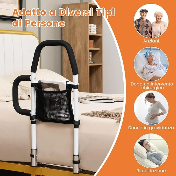 Sponda Letto per Anziani, Sponda Letto Anticaduta per Anziani con Doppia Impugnatura, Tasca Staccabile e Cinghia di Fissaggio, Sponda per Letto Singolo Matrimoniale, Capacità di Carico 136 kg