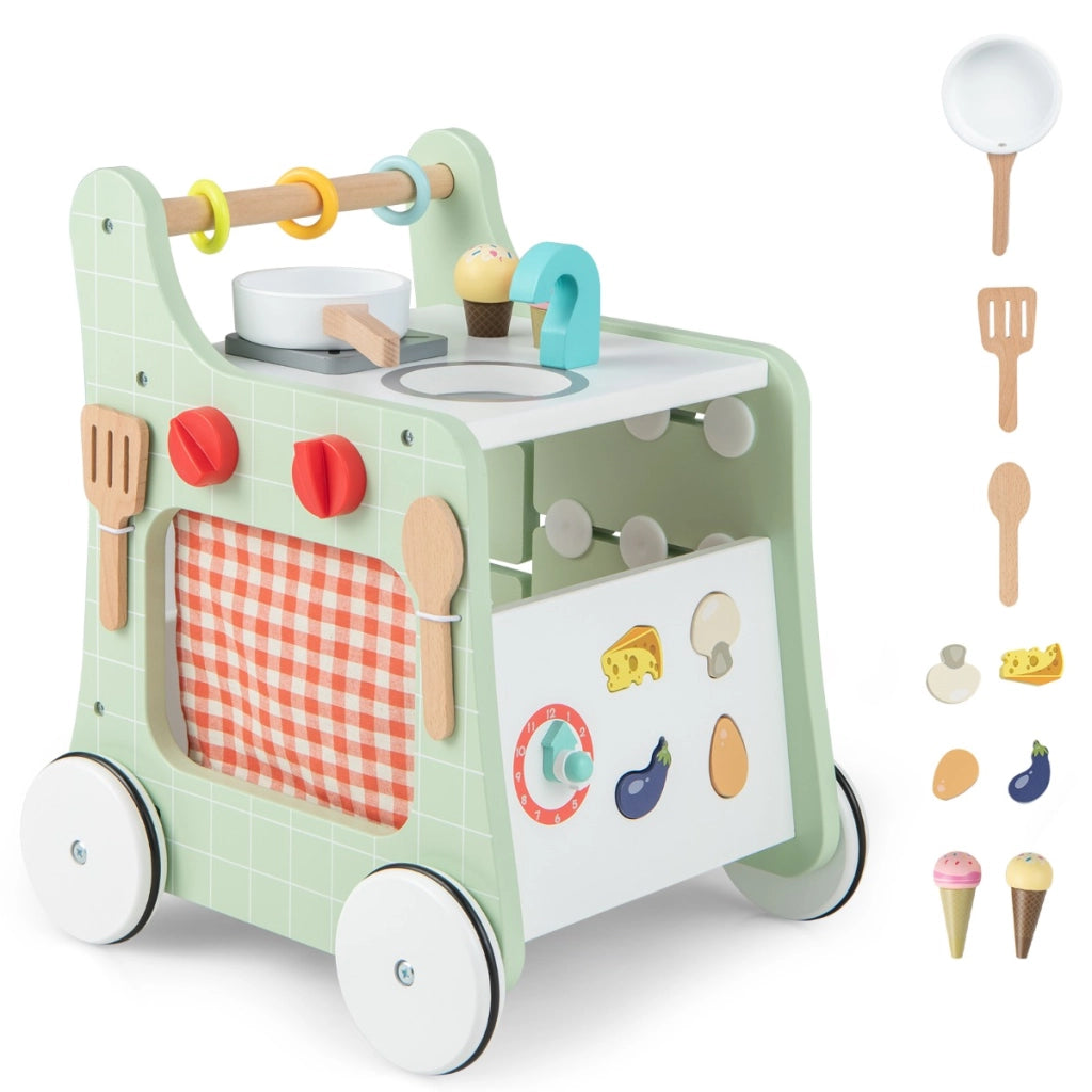 Primi passi per bambini in legno 6 in 1, Carrellino primi passi per spingere e tirare con cucina giocattolo Verde-Primi passi