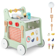 Primi passi per bambini in legno 6 in 1, Carrellino primi passi per spingere e tirare con cucina giocattolo Verde-Primi passi