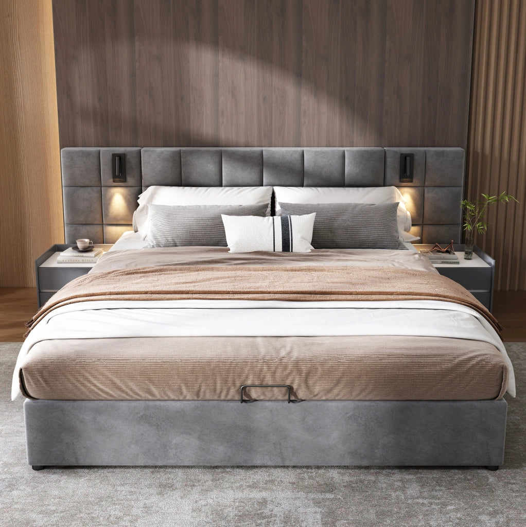 Letto imbottito 180x200 cm con contenitore, luce orientabile USB e testiera ampia