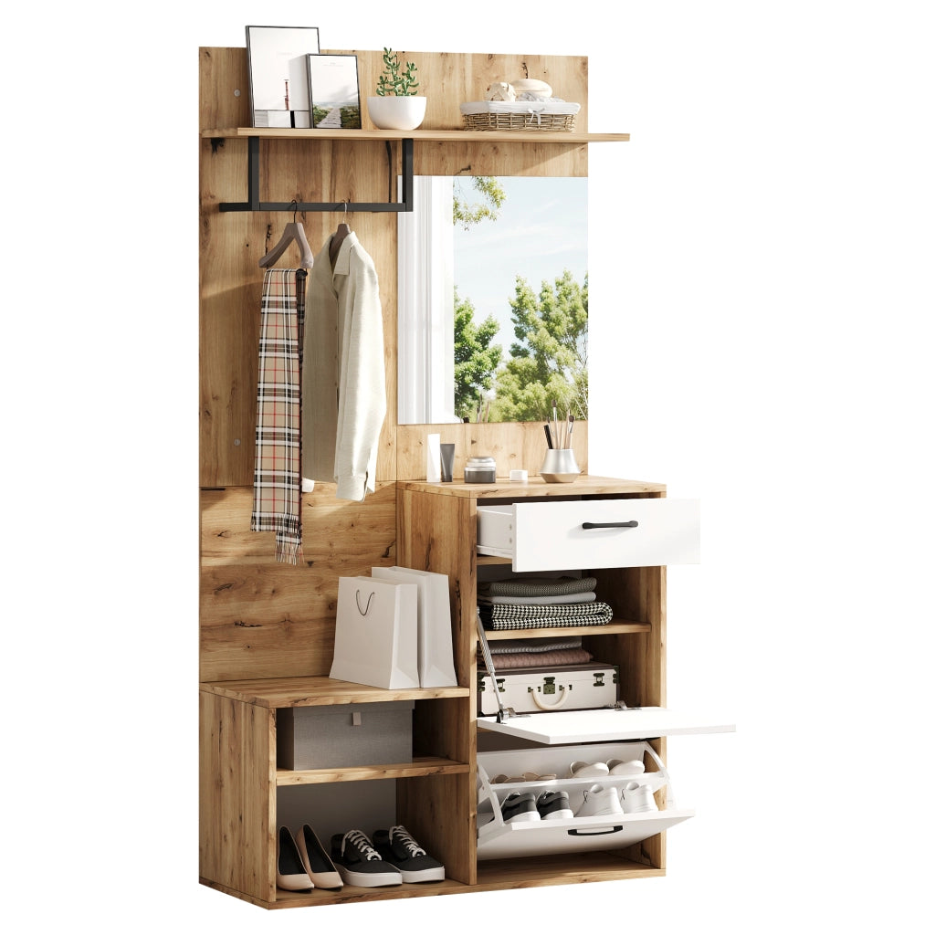 Set Ingresso con Specchio, Scarpiera, Panca e Appendiabiti ¨C MINIMAL ¨C Bianco/Legno, 100x38.5x190