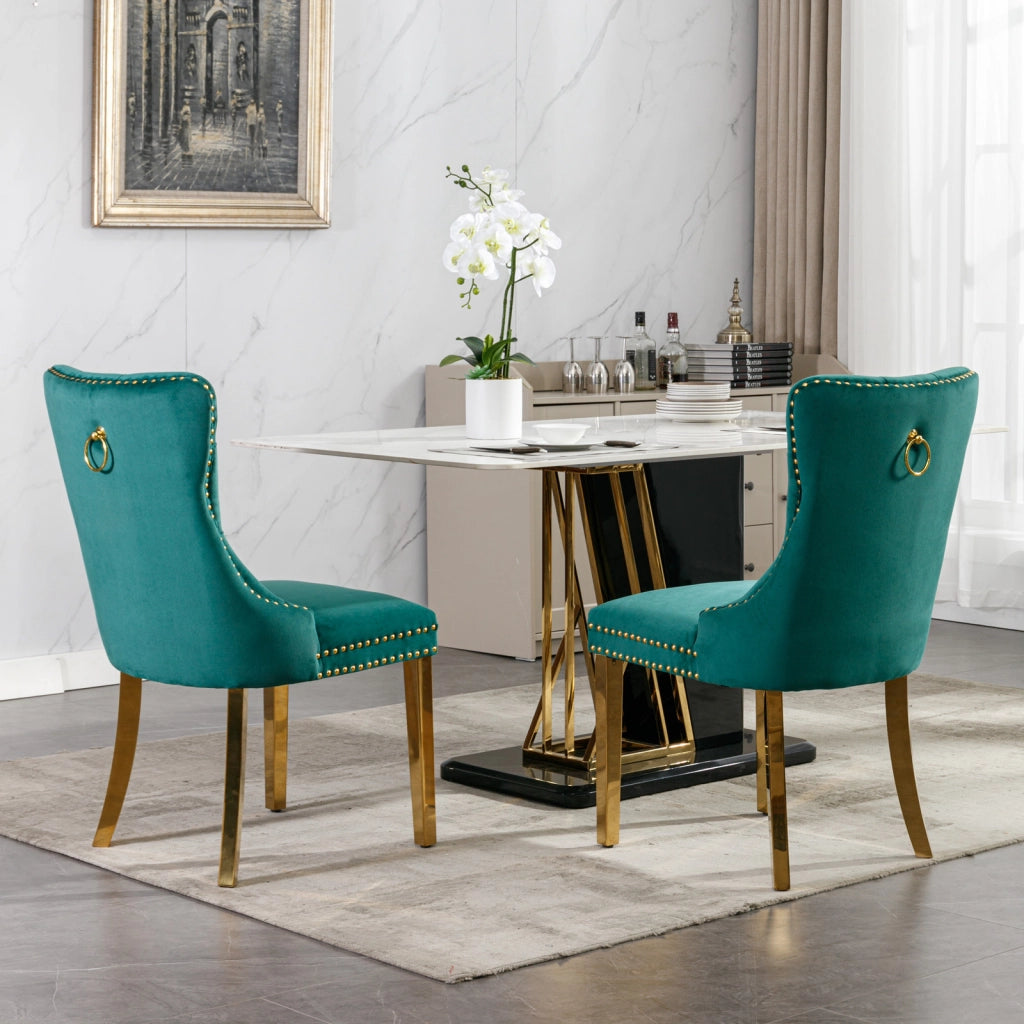 Sedie da Pranzo Imbottite in Velluto Verde ¨C MINIMAL ¨C Set 2, Gambe Dorate, Legno Massello