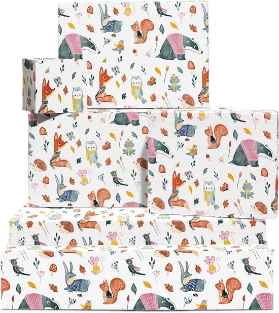 Pacchetto di carta da regalo per l'autunno - 6 fogli di carta da regalo con stampa di animali della foresta - inclusi adesivi - riciclabile