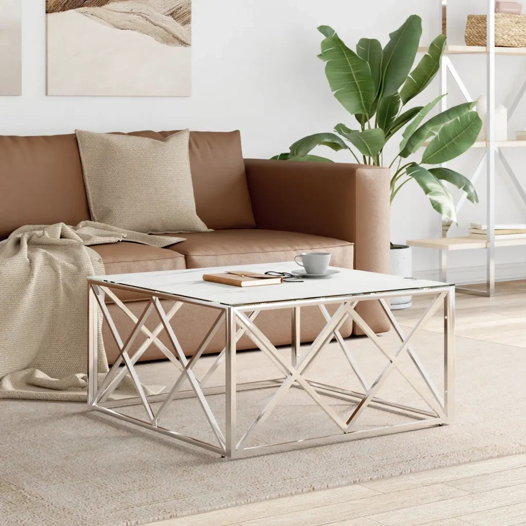 vidaXL Tavolino da Salotto Argento 80x80x40 cm in Acciaio Inox e Vetro