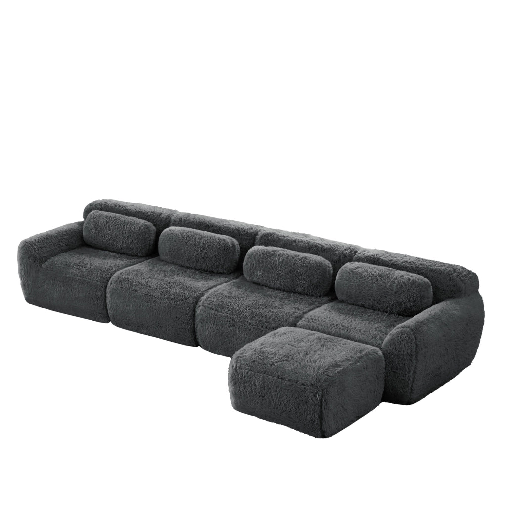 Divano angolare modulare 4 posti senza montaggio in tessuto plush grigio