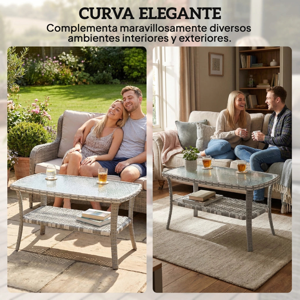 Tavolo da Giardino Rectangolare in Rattan con Piano in Vetro Temprato ¨C Minimal ¨C Grigio Scuro 90x50x45 cm