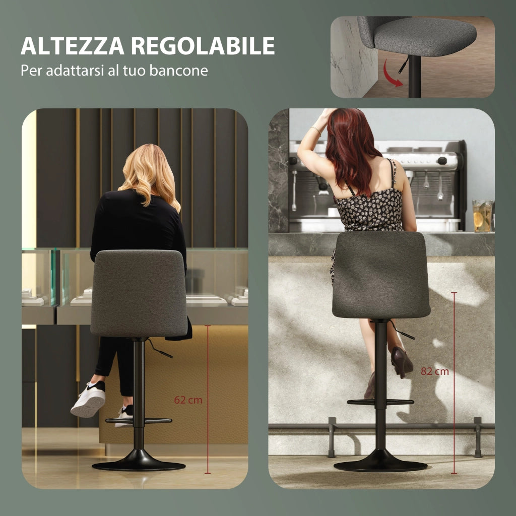 Set 2 Sgabelli da Bar Girevoli 44x53x91-111A cm in Tessuto Effetto Lino Grigio Scuro