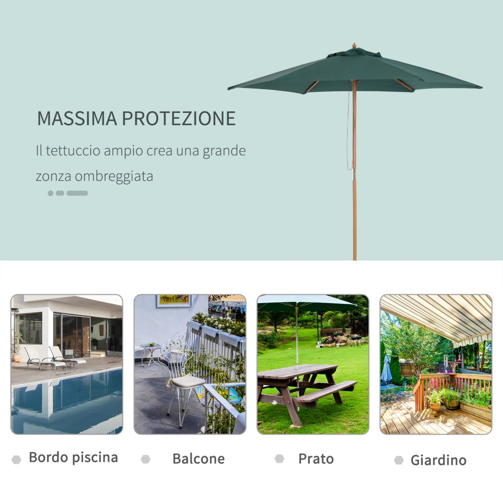 Ombrellone da Giardino 2.5x2.3m a 6 Stecche, in Legno e Poliestere, Verde Scuro