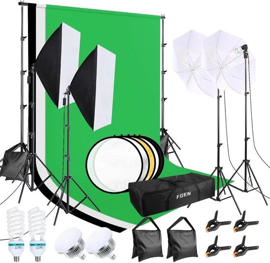 Sistema di sfondo verde con treppiede - Sistema di sfondo - Tela di sfondo - Lampada studio - Fotostudio - Softbox - Incluso zaino di stoccaggio