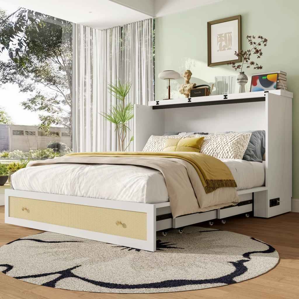 Letto matrimoniale 140×200 cm con cassetti; USB; presa e ripiano; senza materasso; MDF; bianco