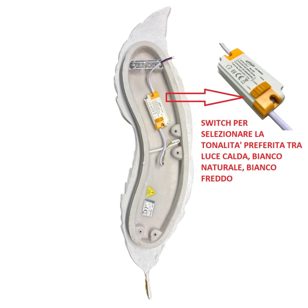 Applique LED da parete per interno 12W 960lm IP20 design piuma bianca e oro luce selezionabile Calda 3000K, Naturale 4000K, Fredda 6500K