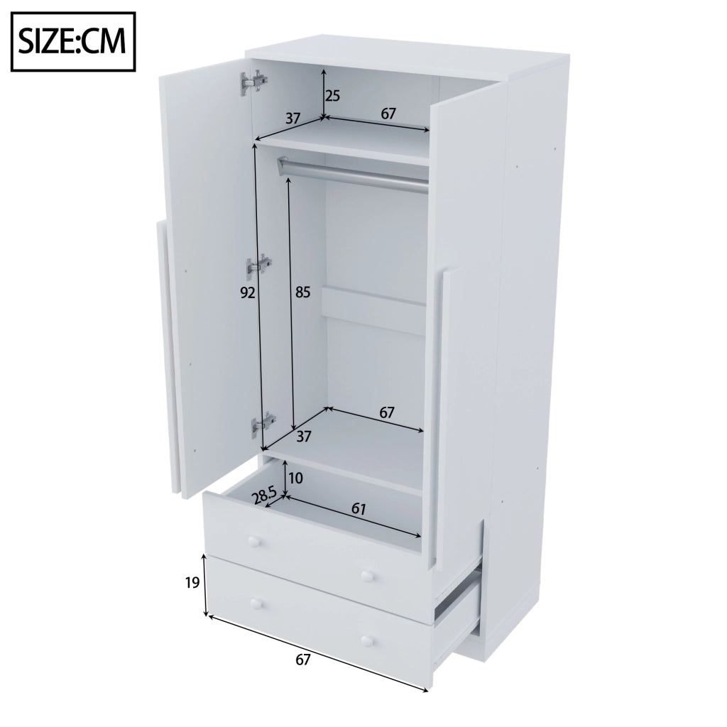 Armadio con 2 ante e 2 cassetti, 1 vano contenitore, per camera da letto, in legno, bianco, 70 × 40 × 170 cm