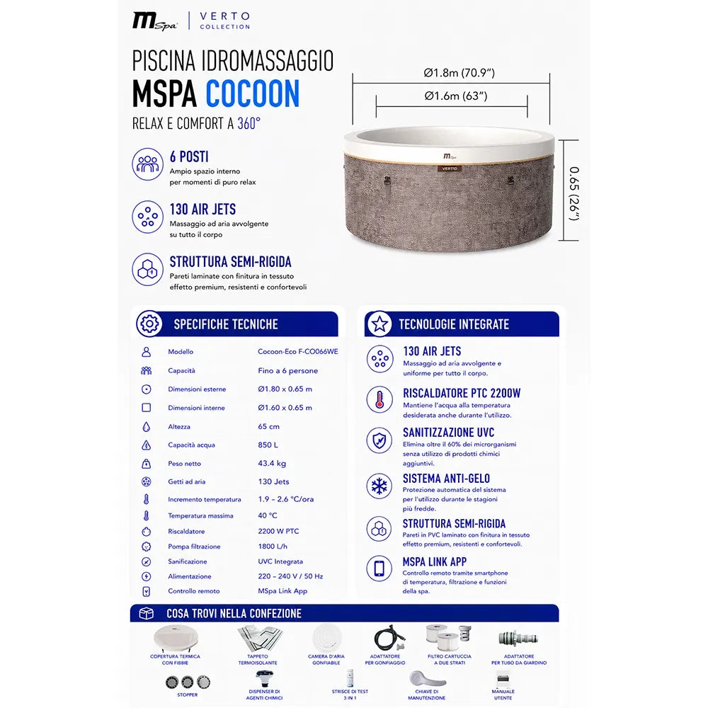 Tempo Style -  Piscina Idromassaggio Circolare semirigida Mspa Cocoon-Eco F-CO066W (6 Posti) |1.80 Ø x 0.65 H |850 litri | 130 getti d'aria massaggianti a 3 velocità