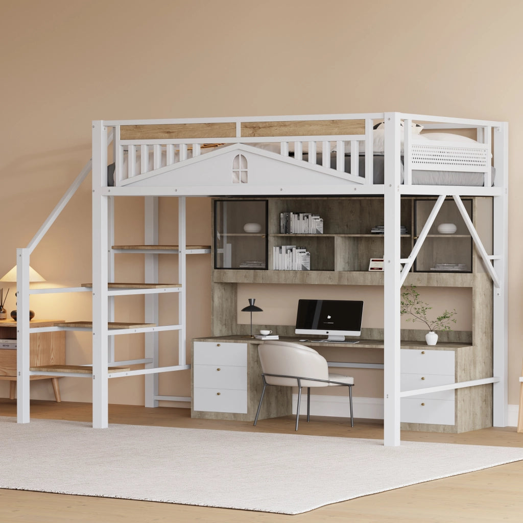 Letto a castello metallo e legno bianco con scala di sicurezza e spazio di stoccaggio 140x200 cm
