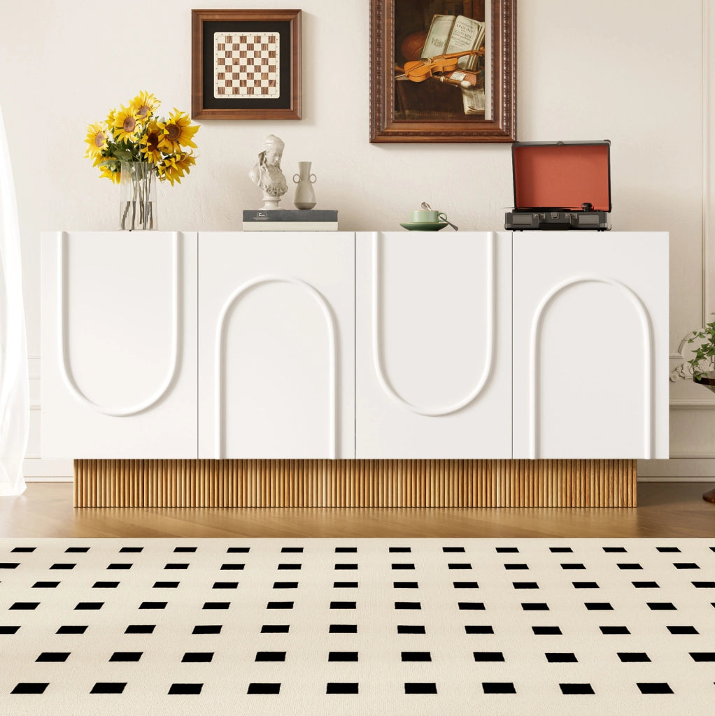 Sideboard 160x38x75 cm con 4 ante e ampio spazio contenitivo in pannello truciolare bianco e naturale