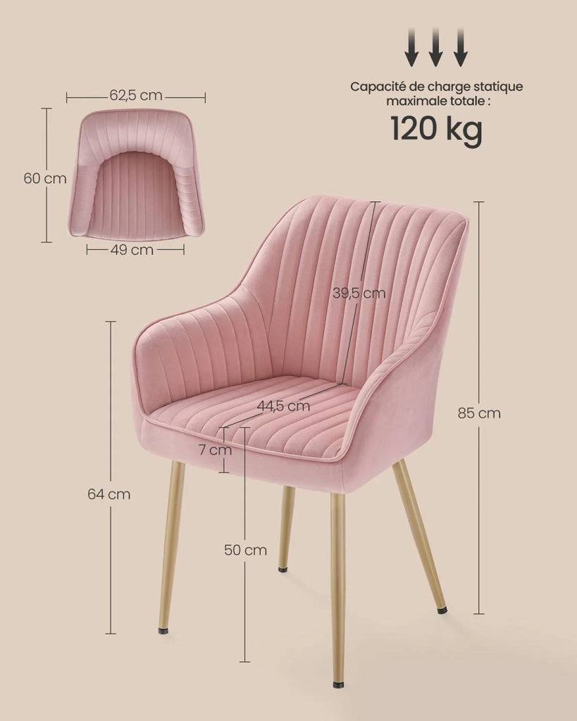 Set di 4 sedie da pranzo seduta imbottita con braccioli larghezza seduta 49 cm gambe in metallo rivestimento in velluto portata 110 kg per soggiorno o camera da letto rosa 12_0004916