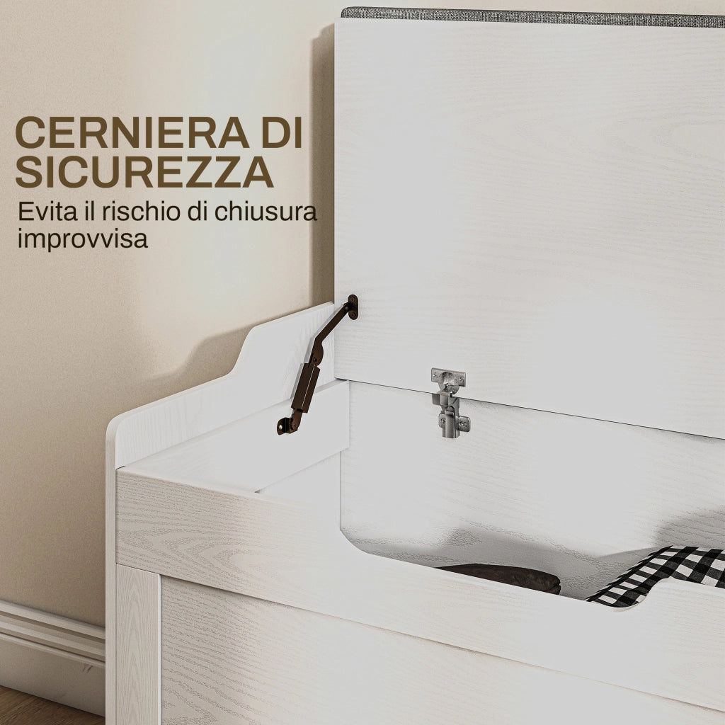 Panca Contenitore da 103L Multifunzione in Legno con Cuscino in Tessuto, 75x40x56cm, Bianco