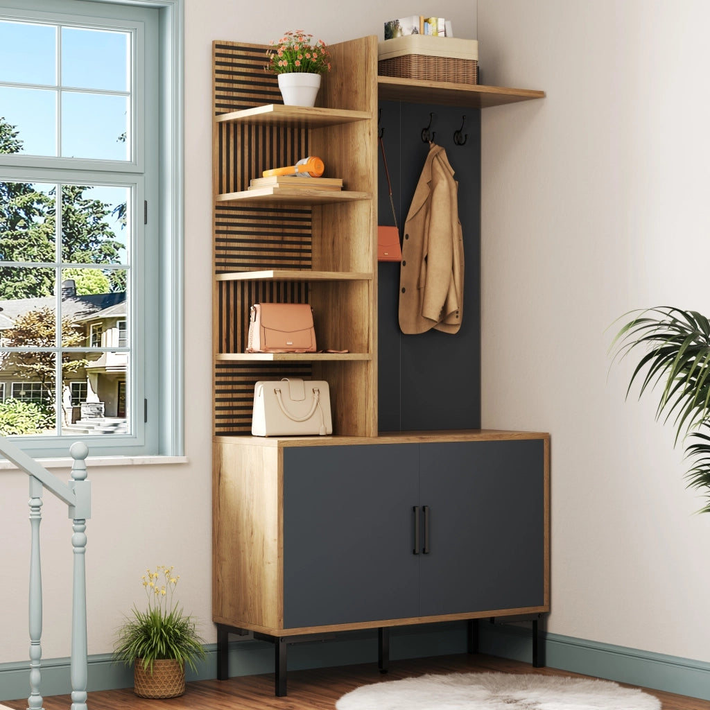 Mobile Ingresso con 4 Ripiani Laterali e Ganci; Ripiano Inferiore Regolabile; Stile Moderno; in Pannello; Naturale; 100??40??190;5 cm