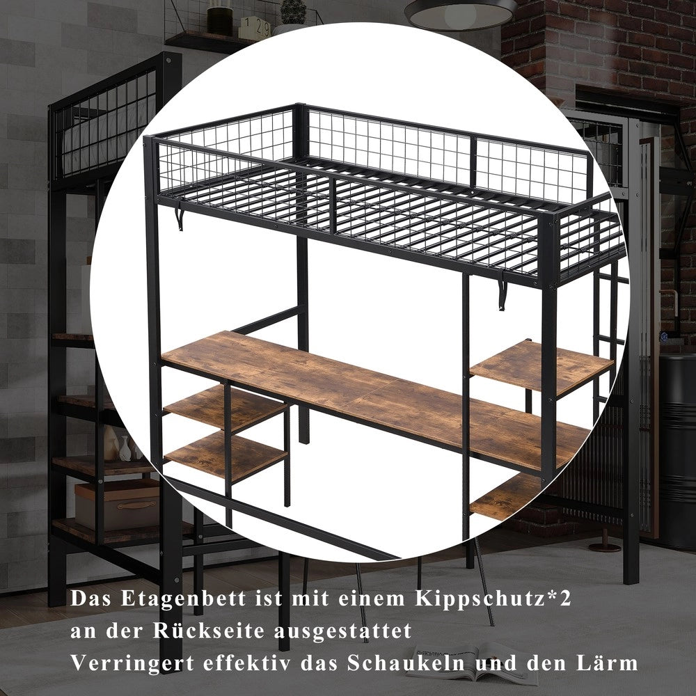 Letto a castello ¨C Minimal ¨C nero acciaio 90x200cm con tavolo e scaffale